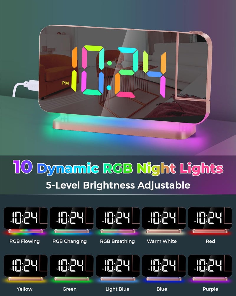 SZELAM Projection Alarm Clock 7.4 in LED Mirror Digital Clocks Projection on Ceiling Wall with RGB Night Light USB C Charging Port Auto Dimming Modern Desk Clock for Bedroom Decor - Rose Gold - Image 4